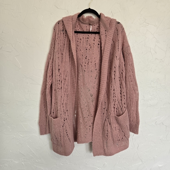 Free People Alpaca Hooded Dusty Pink Open Sweater, S - Picture 2 of 11